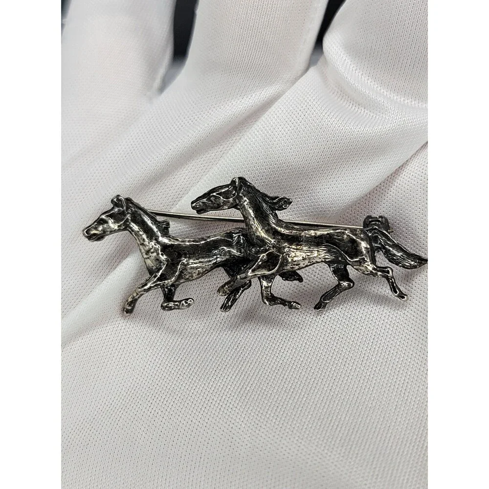 Vintage Zentall Three Running Horses Silver Tone Brooch